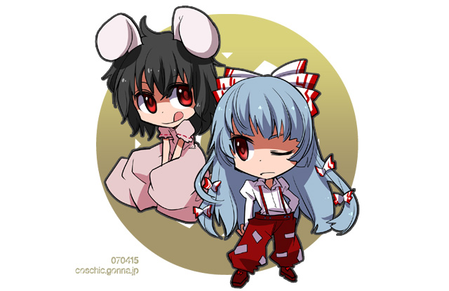 :q animal_ears black_hair bow bunny_ears chibi fujiwara_no_mokou hair_bow inaba_tewi inuinui long_hair multiple_girls pants red_eyes short_hair silver_hair suspenders tongue touhou wink