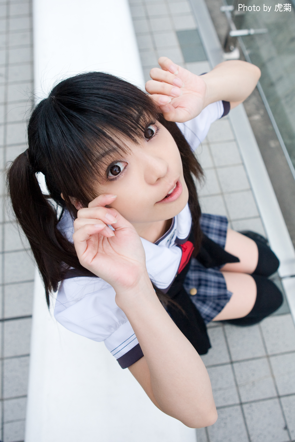 cosplay photo plaid pleated_skirt school_uniform tagme_character tagme_series thigh-highs tsukimiya_usagi twintails