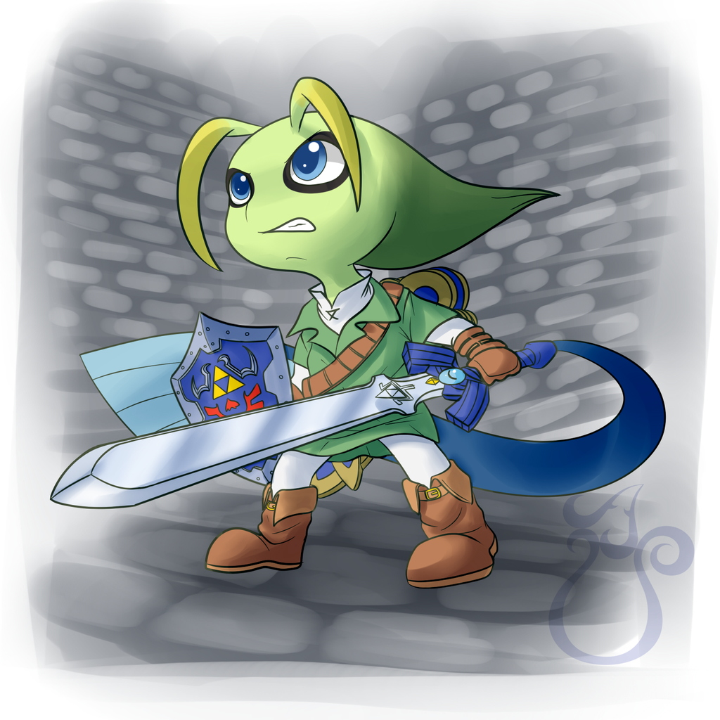 blue_eyes boots celebi cheeziespaz clenched_teeth crossover gloves honedge link link_(cosplay) master_sword no_humans parted_lips pokemon shield solo sword tagme the_legend_of_zelda tunic weapon