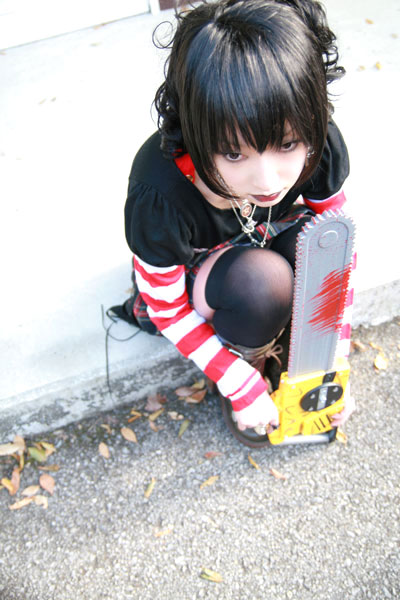 asian black_lagoon boots chainsaw cosplay female girl omi_gibson photo plaid pleated_skirt sawyer_the_cleaner striped thigh-highs women