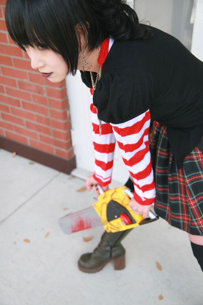 asian black_lagoon boots chainsaw cosplay emo female girl goth gothic omi_gibson photo plaid pleated_skirt punk sawyer_the_cleaner striped thigh-highs women