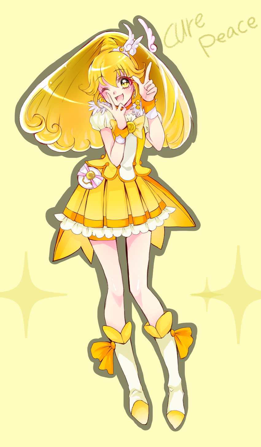 1girl ;p bike_shorts blonde_hair boots choker cure_peace highres kise_yayoi long_hair magical_girl mikan_(mikataaaa) open_mouth ponytail precure shorts_under_skirt skirt smile smile_precure! solo tiara tongue v wink wrist_cuffs yellow_background yellow_eyes yellow_skirt