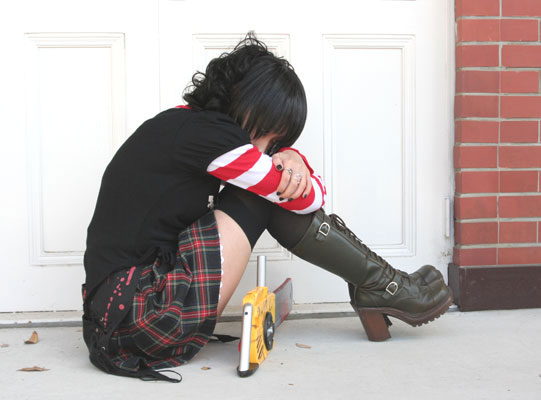 asian black_lagoon boots chainsaw cosplay female girl omi_gibson photo plaid pleated_skirt sawyer_the_cleaner striped thigh-highs women