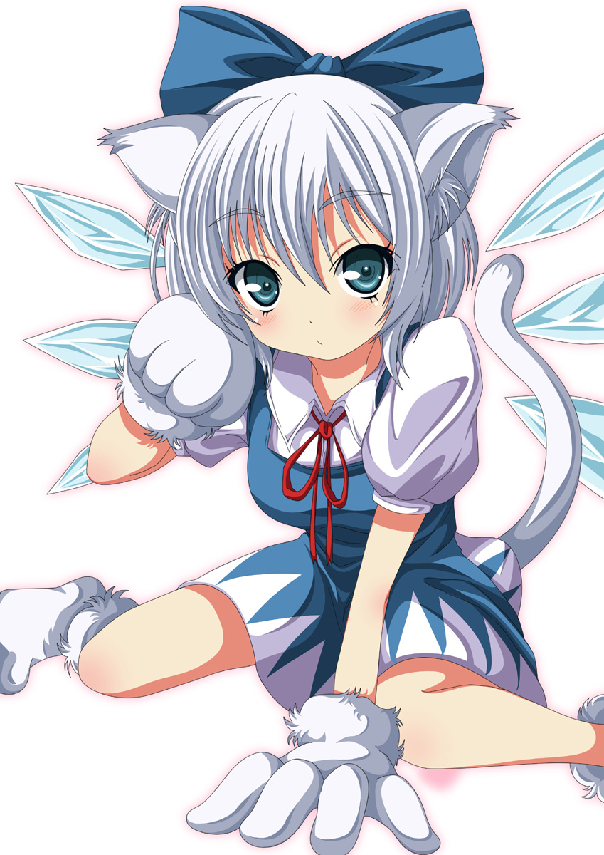 1girl animal_ears blue_dress blue_eyes bow cat_ears cat_tail cirno dress gloves hair_bow highres ice ice_wings kemonomimi_mode looking_at_viewer ma-yu paw_gloves paw_pose paw_shoes puffy_sleeves shirt short_sleeves silver_hair simple_background sitting solo tail touhou wariza white_background wings
