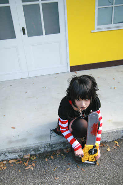 asian black_lagoon boots chainsaw cosplay emo female girl goth gothic omi_gibson photo plaid pleated_skirt punk sawyer_the_cleaner striped thigh-highs women