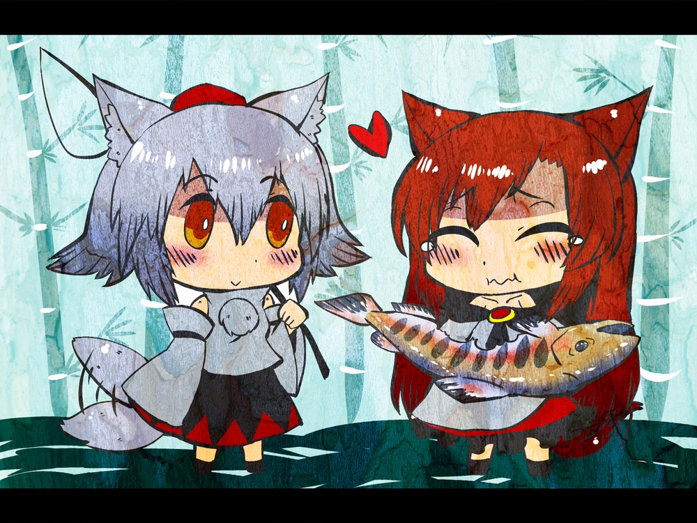 2girls :&gt; animal_ears bamboo bamboo_forest bare_shoulders blush brooch brown_hair closed_eyes detached_sleeves dress eating fish forest hat heart heikouidou_(seraeno) imaizumi_kagerou inubashiri_momiji jewelry letterboxed long_hair multiple_girls nature orange_eyes short_hair skirt tail tail_wagging tears tokin_hat touhou wolf_ears wolf_tail