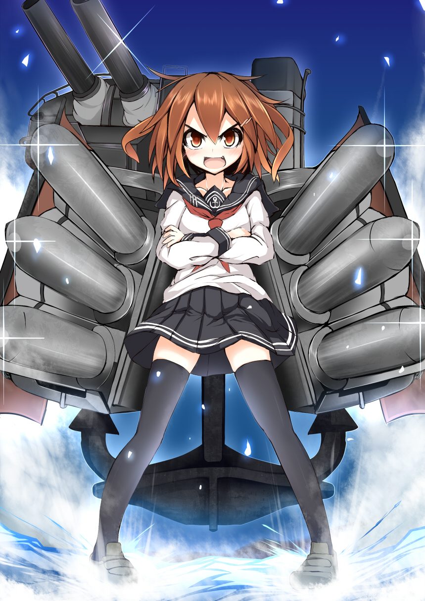 &gt;:d 1girl :d anchor black_legwear blush brown_eyes brown_hair cannon crossed_arms grin hair_ornament hairclip highres ikazuchi_(kantai_collection) kantai_collection long_sleeves night open_mouth personification school_uniform serafuku short_hair skirt smile sukage thighhighs torpedo turret water