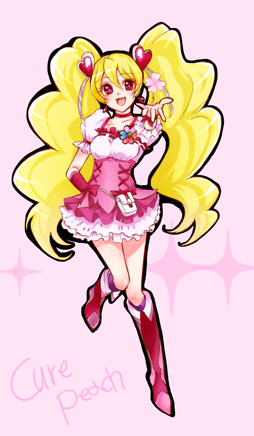 1girl blonde_hair boots character_name cherry_blossoms choker cure_peach earrings fresh_precure! hair_ornament heart heart_hair_ornament highres jewelry knee_boots long_hair magical_girl mikan_(mikataaaa) momozono_love petals pink_background precure red_eyes skirt smile solo twintails