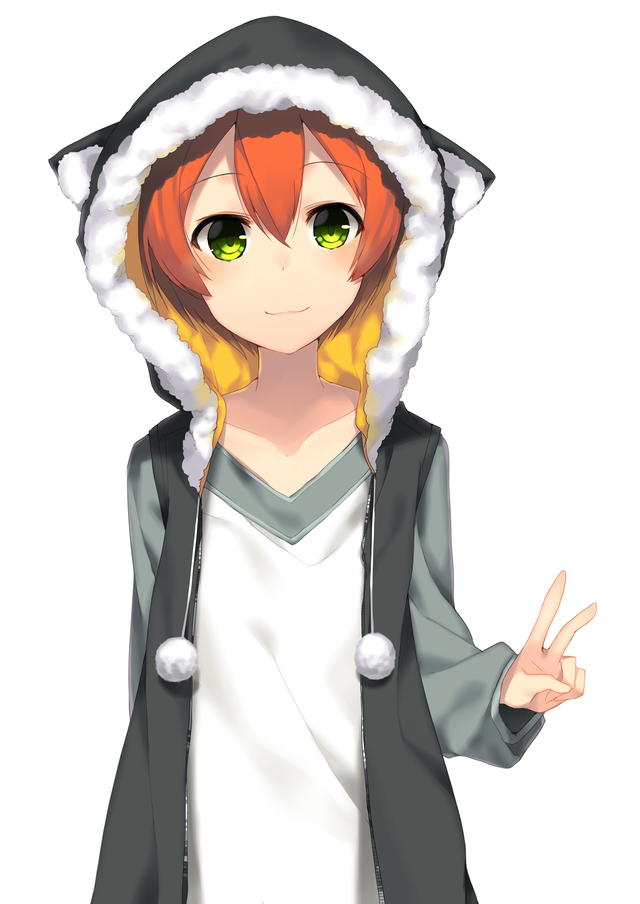 1girl 7zu7 :3 green_eyes hoodie hoshizora_rin looking_at_viewer love_live!_school_idol_project orange_hair pom_pom_(clothes) short_hair simple_background smile solo v white_background