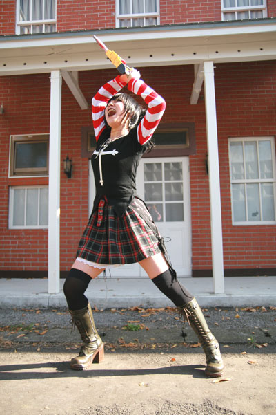 asian black_lagoon boots chainsaw cosplay emo female girl goth gothic omi_gibson photo plaid pleated_skirt punk sawyer_the_cleaner striped thigh-highs women