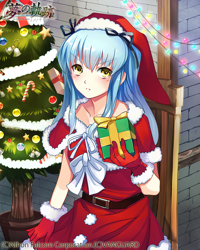 1girl belt blue_hair bow christmas christmas_tree company_name copyright_name eiyuu_densetsu frown gift gloves hat long_hair machi_wt red_skirt santa_hat skirt solo tio_plato yellow_eyes zero_no_kiseki