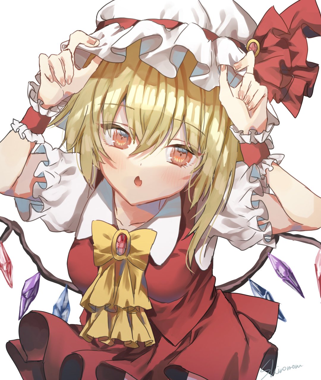 1girl :o arms_up ascot bangs blonde_hair blush bow breasts collarbone collared_shirt commentary_request crystal eyebrows_visible_through_hair eyelashes fang fingernails flandre_scarlet frilled_sleeves frills hair_between_eyes hat hat_ribbon highres medium_breasts mob_cap one_side_up open_mouth puffy_short_sleeves puffy_sleeves red_bow red_eyes red_ribbon red_skirt red_vest ribbon ruby_(gemstone) shiromoru_(yozakura_rety) shirt short_hair short_sleeves side_ponytail simple_background skin_fang skirt solo standing touhou upper_body vest white_background white_sleeves wing_collar wings wrist_cuffs yellow_neckwear