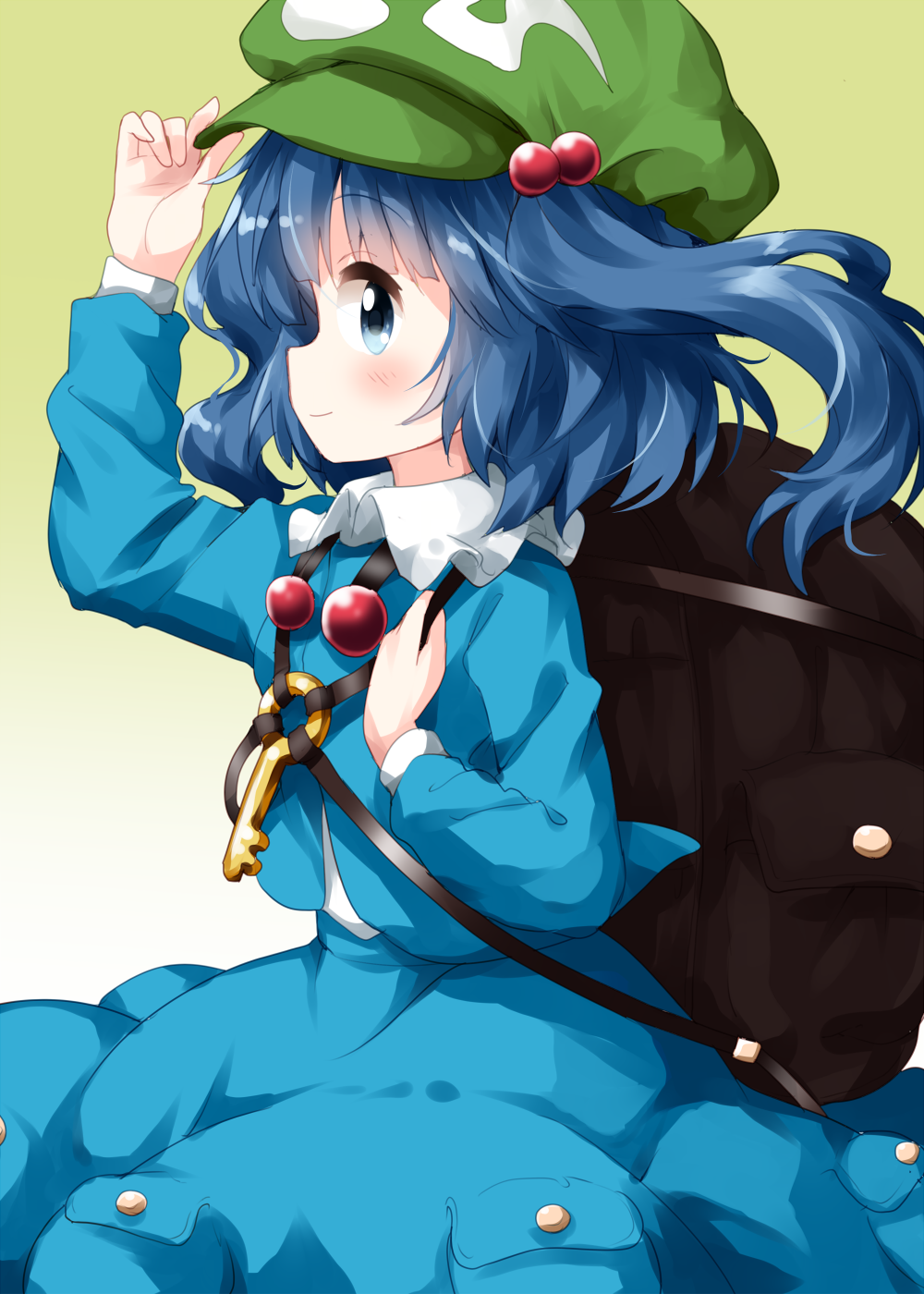 1girl back backpack bag bangs blue_eyes blue_hair blue_skirt blue_vest closed_mouth collared_shirt eyebrows_visible_through_hair flat_cap from_side gradient gradient_background green_background green_headwear hair_bobbles hair_ornament hand_on_headwear hat highres kawashiro_nitori key long_sleeves looking_at_viewer medium_hair pocket ruu_(tksymkw) shirt skirt smile solo standing touhou two_side_up vest white_shirt