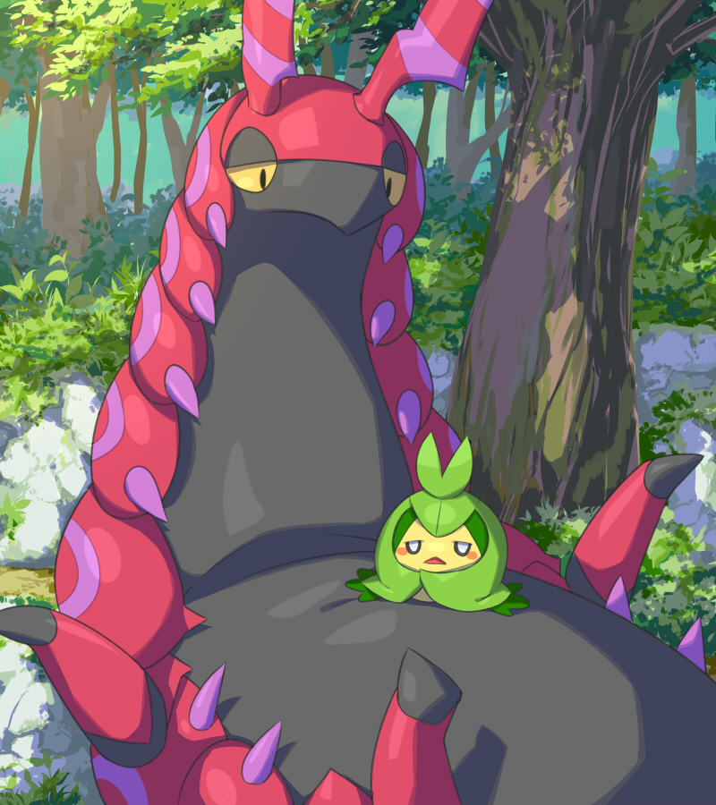 blush_stickers commentary_request day gen_5_pokemon grass looking_at_another looking_down lying makoto_ikemu no_humans o_o on_back open_mouth outdoors pokemon pokemon_(creature) scolipede shadow swadloon tree