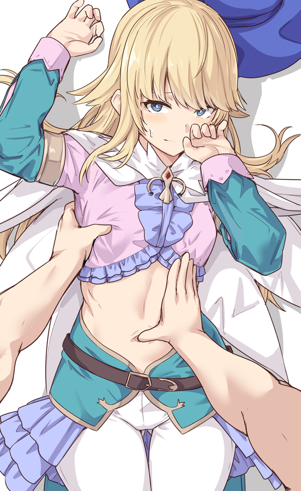 1boy 1other androgynous bangs blonde_hair blue_eyes blue_headwear blush chevalier_d'eon_(fate/grand_order) fate/grand_order fate_(series) frills hat hat_removed headwear_removed long_hair looking_at_viewer lying navel on_back open_mouth pants shiseki_hirame solo_focus stomach sweatdrop white_pants