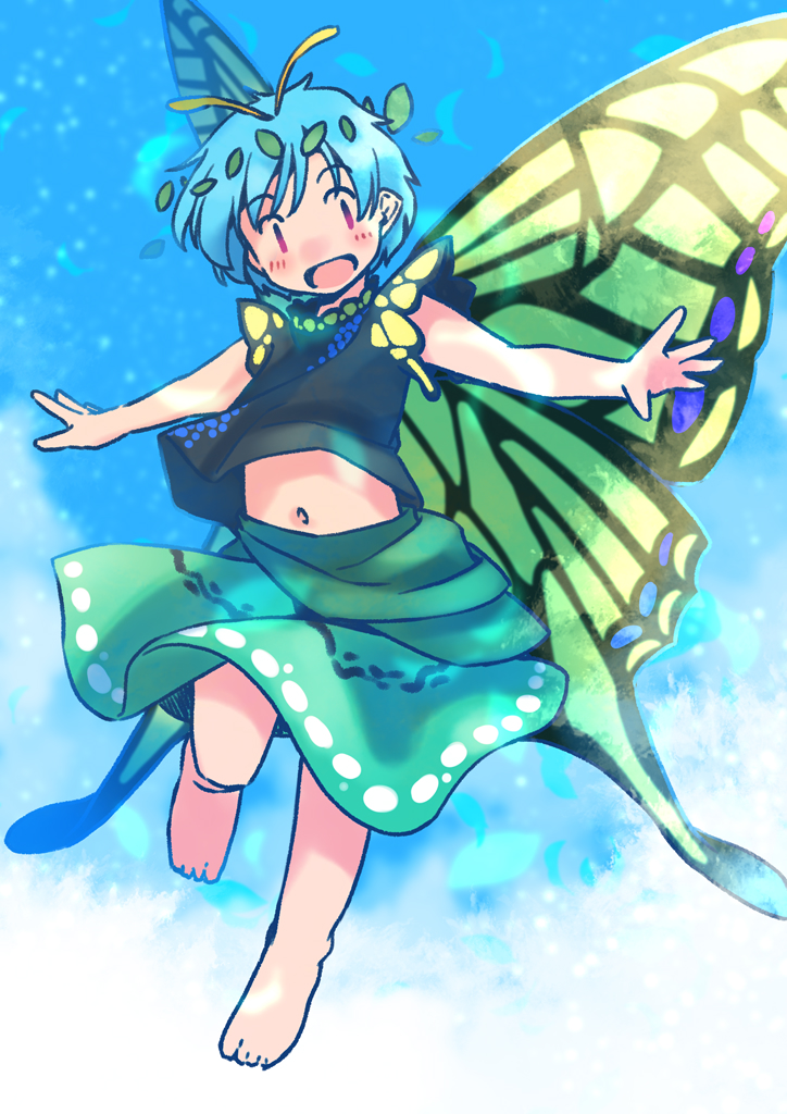 1girl antennae aqua_hair barefoot black_shirt blush butterfly_wings day eternity_larva fairy full_body green_skirt insect_wings leaf leaf_on_head open_mouth outdoors rangycrow red_eyes shirt short_hair skirt sky smile solo touhou wings