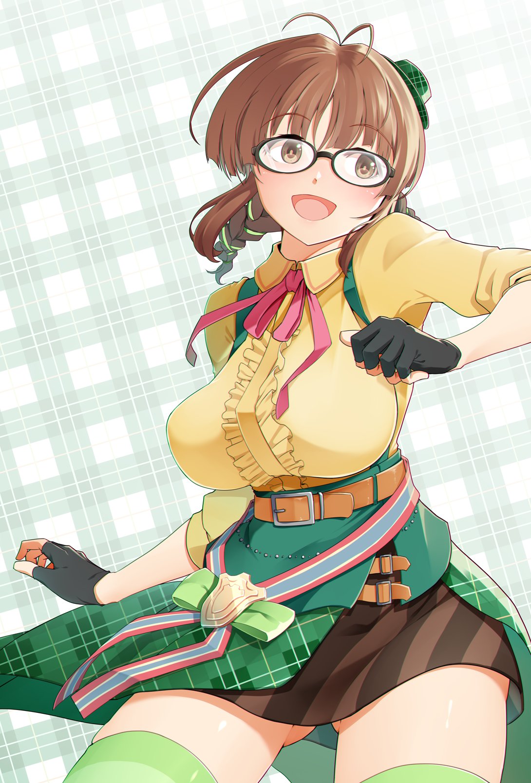 1girl akizuki_ritsuko antenna_hair ass_visible_through_thighs belt black_gloves blush braid breasts brown_eyes brown_hair cowboy_shot fingerless_gloves glasses gloves hadaka_megane hat highres idol idolmaster idolmaster_(classic) idolmaster_pop_links large_breasts long_hair mini_hat miniskirt open_mouth pink_ribbon ribbon short_hair short_sleeves skirt smile solo twin_braids