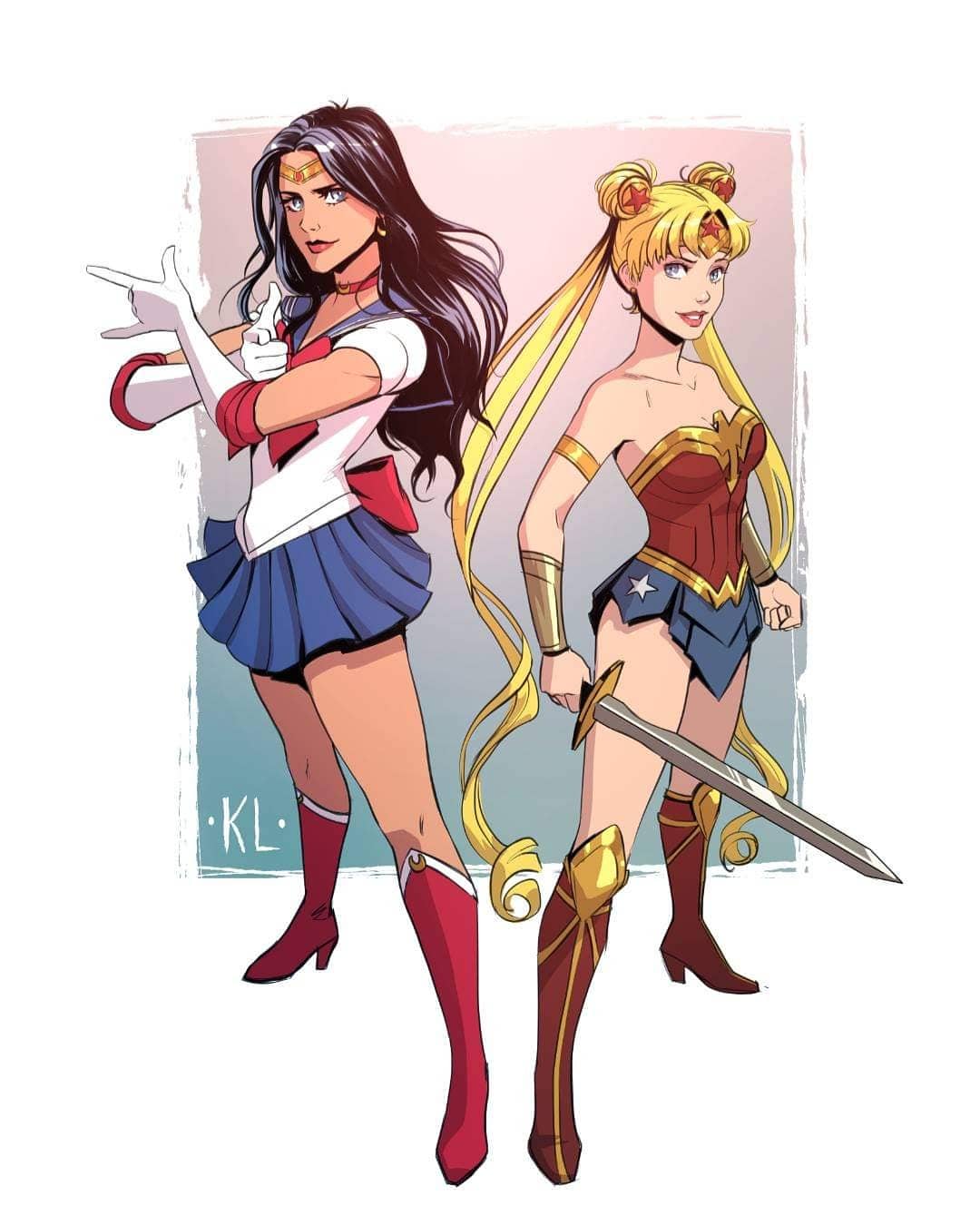 2girls \n/ bare_shoulders bishoujo_senshi_sailor_moon black_hair blonde_hair blue_skirt bracer clenched_hands cosplay costume_switch crossover headband highres holding holding_sword holding_weapon kath_lobo long_hair looking_at_viewer multiple_girls sailor_moon sailor_moon_(cosplay) sailor_senshi_uniform skirt superhero sword tsuki_ni_kawatte_oshioki_yo tsukino_usagi twintails very_long_hair weapon wonder_woman wonder_woman_(cosplay) wonder_woman_(series)