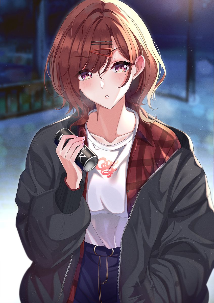 1girl :o bangs black_jacket blue_pants blurry blurry_background blush breasts brown_hair can canned_coffee collarbone collared_shirt commentary_request depth_of_field eyebrows_visible_through_hair hair_between_eyes hair_ornament hairclip hand_up highres higuchi_madoka idolmaster idolmaster_shiny_colors jacket long_sleeves looking_at_viewer mole mole_under_eye open_clothes open_jacket open_shirt outdoors pants parted_lips plaid plaid_shirt puffy_long_sleeves puffy_sleeves red_eyes red_shirt shirt small_breasts solo sutoroa white_shirt