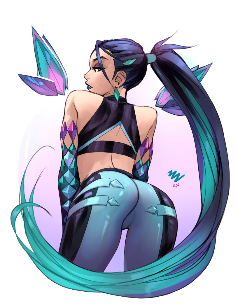 1girl ass bent_over black_hair black_sports_bra blue_lipstick cropped_legs crystal earrings elbow_gloves english_commentary eyeshadow from_behind gloves green_eyes green_hair hair_ornament jewelry k/da_(league_of_legends) k/da_kai'sa kai'sa league_of_legends lipstick long_hair makeup multicolored_hair pants ponytail sleeveless solo sports_bra tight tight_pants two-tone_hair vashperado very_long_hair