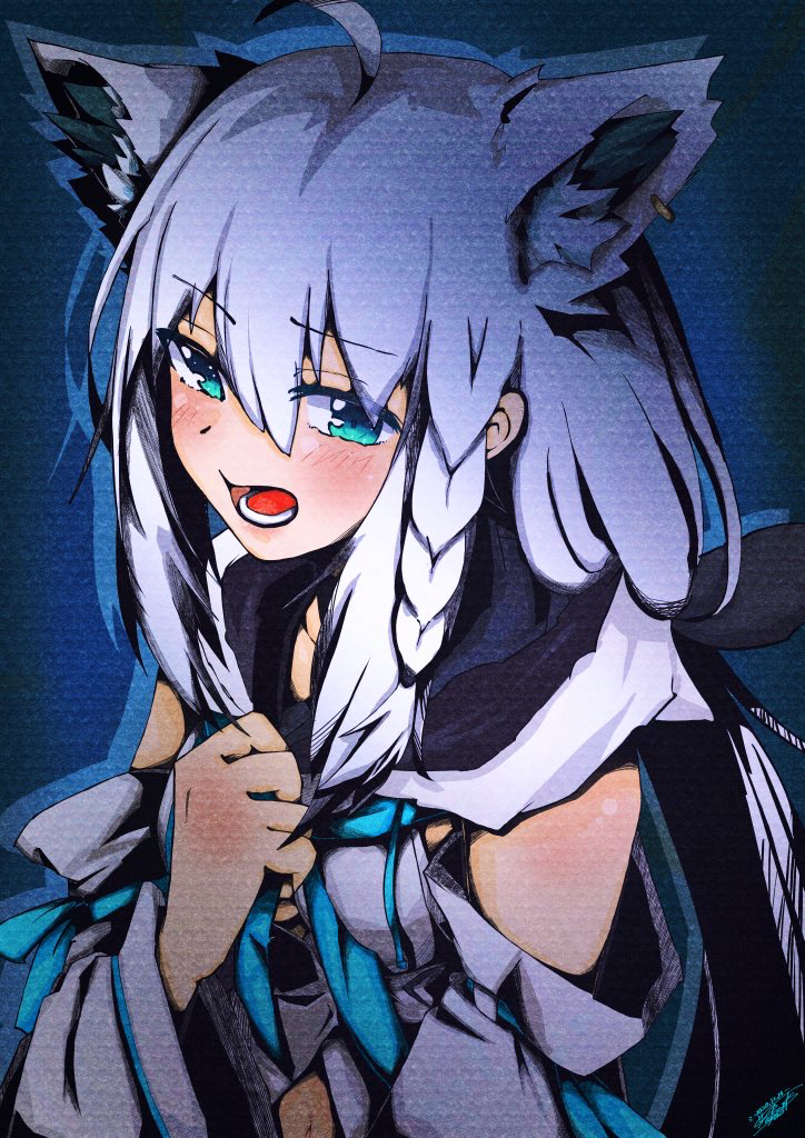 1girl ahoge animal_ear_fluff animal_ears aoi_rt0 bangs blue_neckwear blush braid commentary_request detached_sleeves earrings eyebrows_visible_through_hair fox_ears fox_girl green_eyes hair_between_eyes hand_on_own_chest hololive hood hoodie jewelry long_hair looking_at_viewer neckerchief open_mouth shirakami_fubuki sidelocks signature single_braid solo virtual_youtuber white_hair white_hoodie