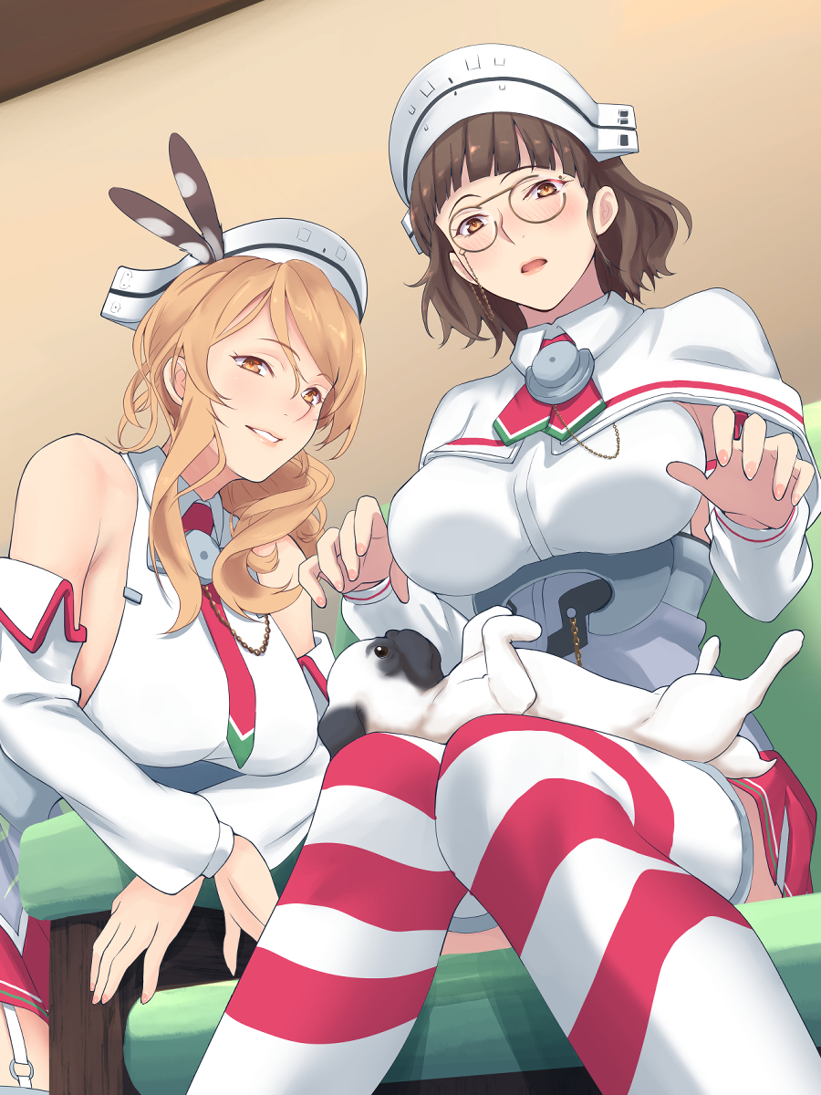 2girls bangs blonde_hair blunt_bangs breasts brown_eyes brown_hair capelet commentary_request commission couch detached_sleeves dog garter_straps glasses headdress highres kantai_collection large_breasts lips littorio_(kantai_collection) long_hair multiple_girls necktie pince-nez pleated_skirt ponytail pug red_skirt roma_(kantai_collection) shingyou_(alexander-13) shirt sitting skirt sleeveless sleeveless_shirt thigh-highs wavy_hair