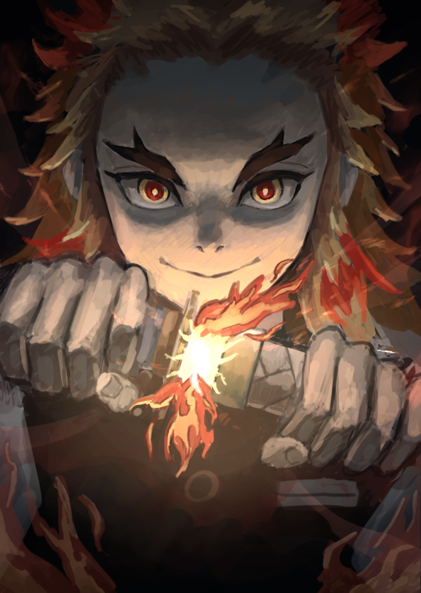 1boy blonde_hair closed_mouth fingernails fire flame flaming_sword flaming_weapon holding holding_sheath holding_sword holding_weapon katana kimetsu_no_yaiba male_focus mno_chrome84 multicolored multicolored_hair orange_hair red_eyes rengoku_kyoujurou scabbard sheath smile solo sword unsheathing upper_body weapon