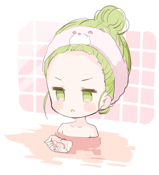 1girl :o bath bathing blush_stickers collarbone cupping_hands forehead green_eyes green_hair hair_bun hair_up hands_up meito_(maze) morinaka_kazaki nijisanji nude parted_lips partially_submerged sidelocks solo tile_wall tiles v-shaped_eyebrows virtual_youtuber water