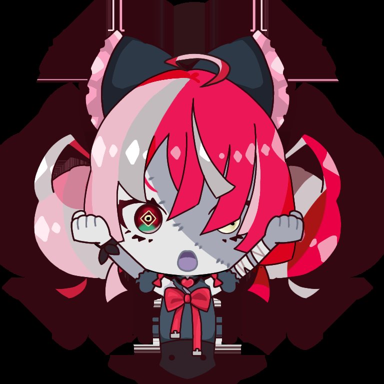1girl :o ahoge bandaged_arm bandages black_bow black_dress bow chibi clenched_hands double_bun dress grey_hair hair_bow heterochromia hololive hololive_indonesia kureiji_ollie kureiji_ollie_(artist) multicolored_hair open_mouth pink_hair red_bow red_eyes redhead solo stitched_face stitches symbol-shaped_pupils torn_clothes torn_dress virtual_youtuber yellow_eyes zombie