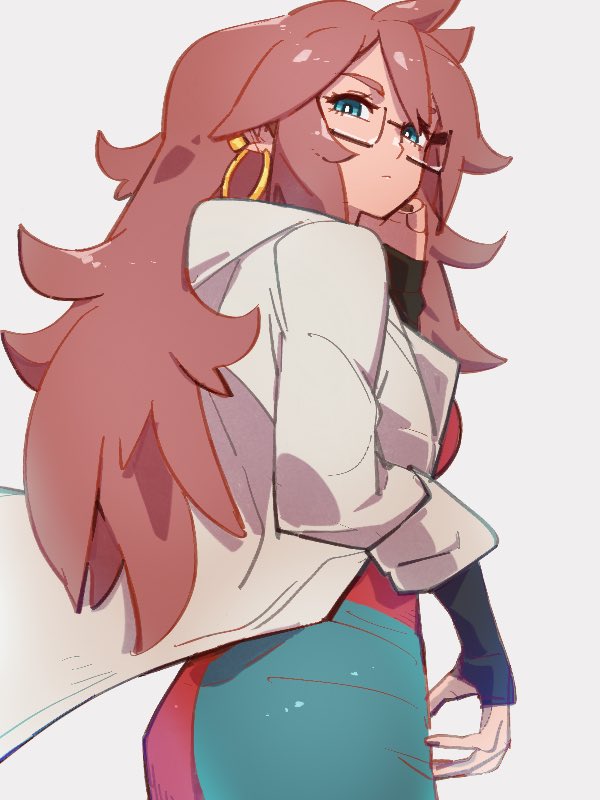 1girl android_21 blue_eyes checkered checkered_dress commentary_request dragon_ball dragon_ball_fighterz dress earrings from_behind glasses hoop_earrings jewelry kemachiku labcoat long_hair looking_at_viewer redhead