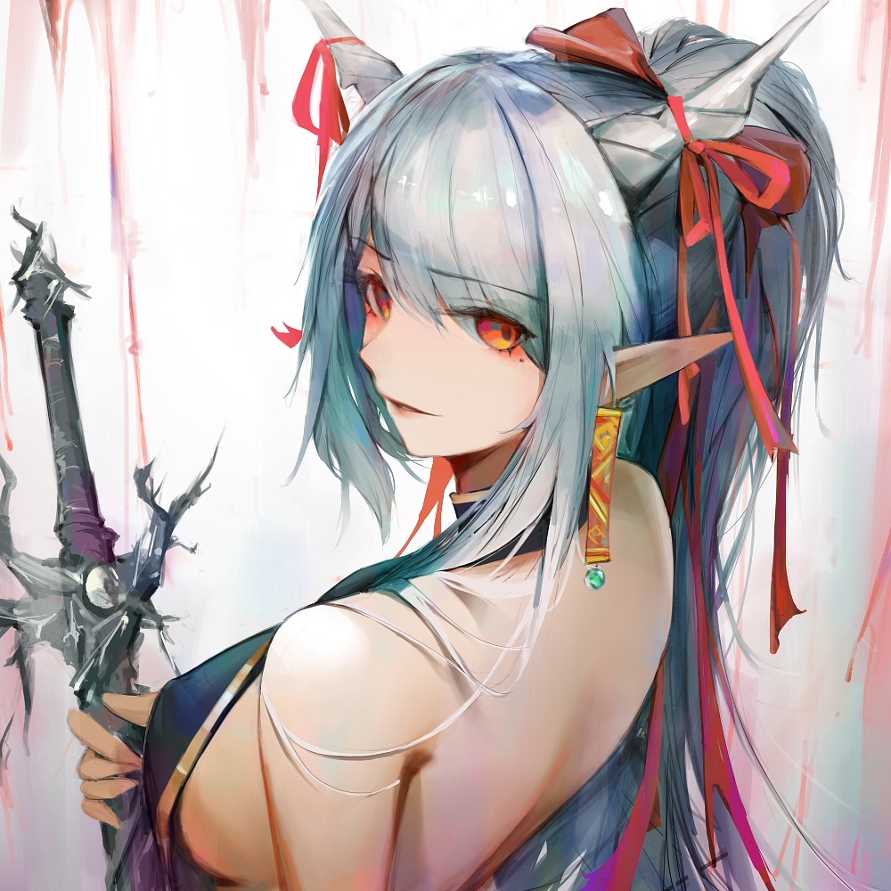 1girl alternate_eye_color arknights bare_back bare_shoulders bow commentary_request eyyy hair_bow holding horn_ornament horn_ribbon horns long_hair orange_eyes pointy_ears red_bow red_ribbon ribbon shining_(arknights) silver_hair solo upper_body