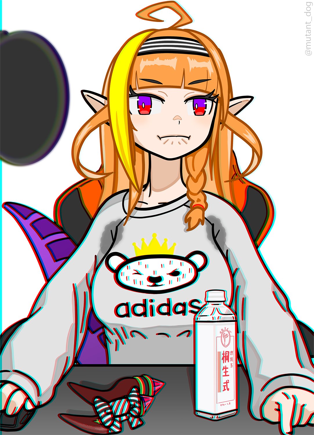 1girl adidas ahoge asacoco bangs blonde_hair blunt_bangs bottle bow braid casual chair chromatic_aberration closed_mouth dragon_girl dragon_tail eyebrows_visible_through_hair gamer_chair hairband highlights highres hololive horn_bow kiryuu_coco long_sleeves looking_at_viewer mouse_(computer) multicolored multicolored_eyes multicolored_hair mutant_dog no_horn orange_hair pointy_ears red_eyes scales simple_background single_braid sitting solo streaked_hair striped striped_hairband sweaty_clothes tail twitter_username upper_body violet_eyes white_background
