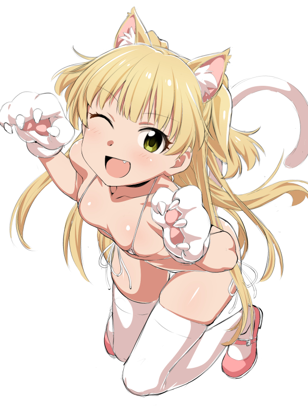 1girl animal_ears bangs bare_shoulders bikini blonde_hair blush breasts cat_ears cat_tail chikuishi collar collarbone fang gloves green_eyes idolmaster idolmaster_cinderella_girls jougasaki_rika long_hair looking_at_viewer micro_bikini one_eye_closed open_mouth paw_gloves paws pink_footwear shiny shiny_skin simple_background skindentation smile swimsuit tail thigh-highs two_side_up white_background white_bikini white_legwear