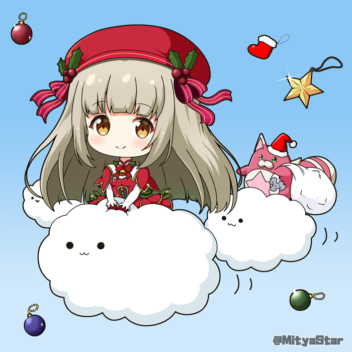 1girl :3 bangs bell beret blue_background bow brown_eyes brown_hair chibi christmas_ornaments christmas_stocking closed_mouth clouds commentary_request dress elbow_gloves eyebrows_visible_through_hair fur-trimmed_headwear gloves hat holding holding_sack hoshi_tanuki_(shironeko_project) long_hair looking_at_viewer loussier_ellerensia miicha red_bow red_dress red_headwear sack santa_hat shironeko_project smile solid_circle_eyes star_(symbol) striped striped_bow twitter_username very_long_hair white_gloves