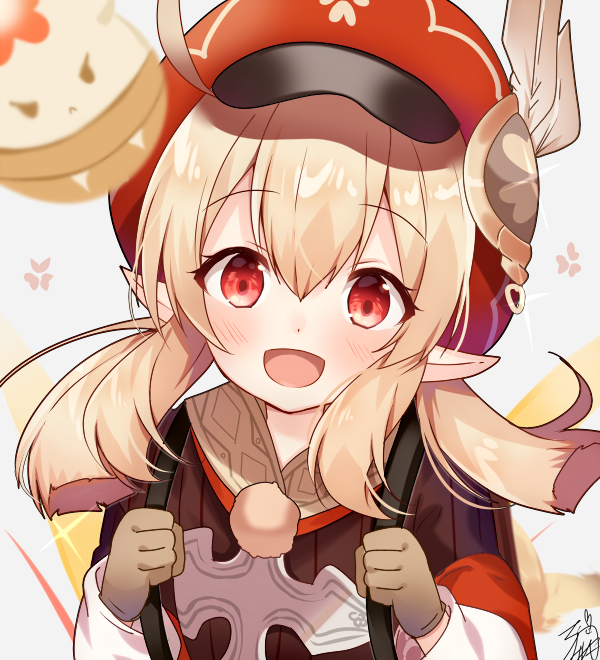 1girl ahoge bangs blonde_hair blurry blurry_foreground blush brown_gloves cabbie_hat depth_of_field dress eyebrows_visible_through_hair genshin_impact gloves hair_between_eyes hands_up hat hat_feather klee_(genshin_impact) long_hair long_sleeves low_twintails omuretsu pointy_ears red_dress red_eyes red_headwear sidelocks signature solo twintails upper_body white_feathers