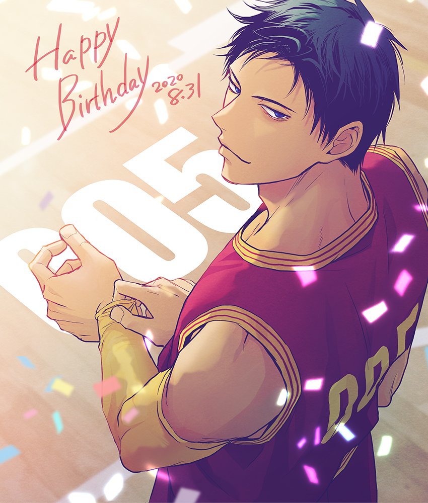 1boy a_jou aomine_daiki basketball_jersey basketball_uniform blue_eyes blue_hair closed_mouth confetti dark_skin dark_skinned_male dated detached_sleeves happy_birthday kuroko_no_basuke looking_at_viewer male_focus red_shirt shirt short_hair sleeve sleeveless sleeveless_shirt smile solo sportswear upper_body