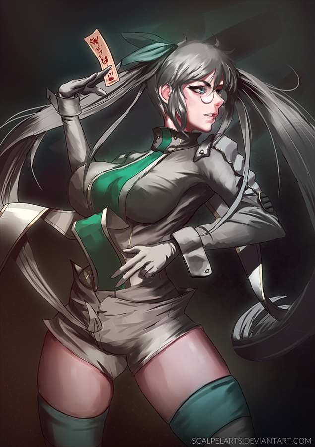 1girl breasts drifters glasses gloves green_ribbon hair_between_eyes hair_ribbon large_breasts long_hair long_sleeves looking_to_the_side olmine ribbon scalpelarts serious shorts silver_hair thigh-highs twintails very_long_hair white_shorts zettai_ryouiki