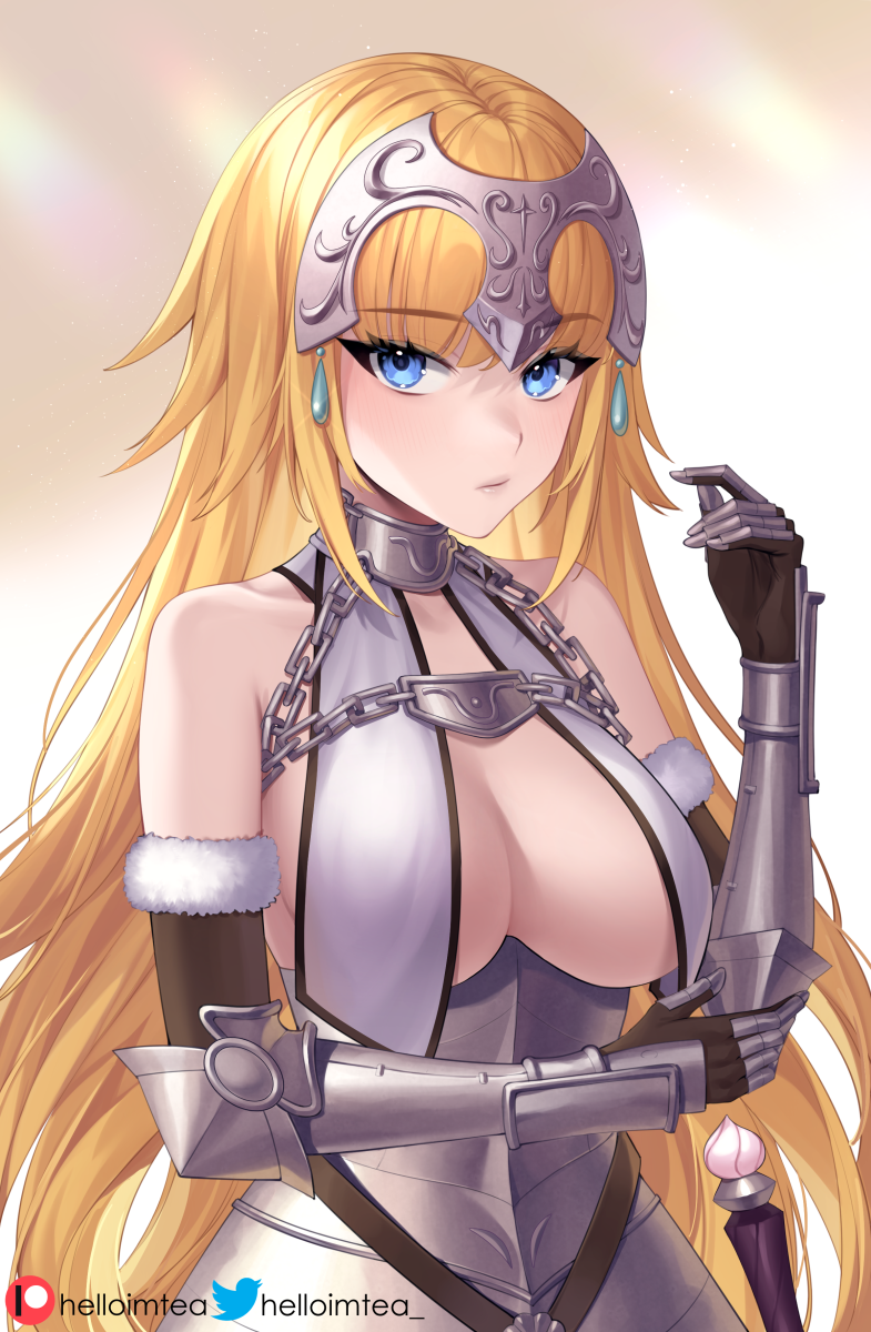1girl armor armored_dress bangs blonde_hair blue_eyes blush breast_curtains breasts chain closed_mouth dress fate/apocrypha fate/grand_order fate_(series) fur_trim gauntlets headpiece helloimtea highres jeanne_d'arc_(fate) jeanne_d'arc_(fate)_(all) large_breasts long_braid long_hair looking_at_viewer plackart very_long_hair white_dress