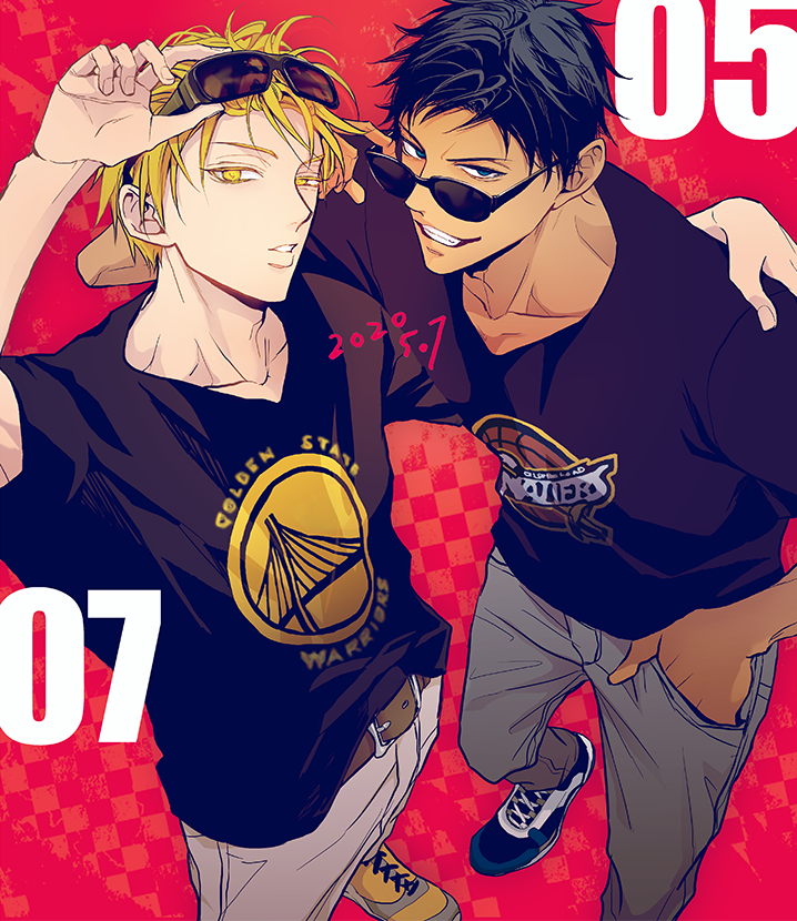 2boys a_jou aomine_daiki arm_around_shoulder belt black_shirt blonde_hair blue_footwear blue_hair brown_belt cleveland_cavaliers collarbone dark_skin dark_skinned_male dated eyewear_on_head feet_out_of_frame from_above golden_state_warriors grey_pants grin hand_in_pocket kise_ryouta kuroko_no_basuke looking_at_viewer male_focus multiple_boys pants red_background shirt shoes short_hair short_sleeves smile sunglasses tsurime yellow_eyes yellow_footwear