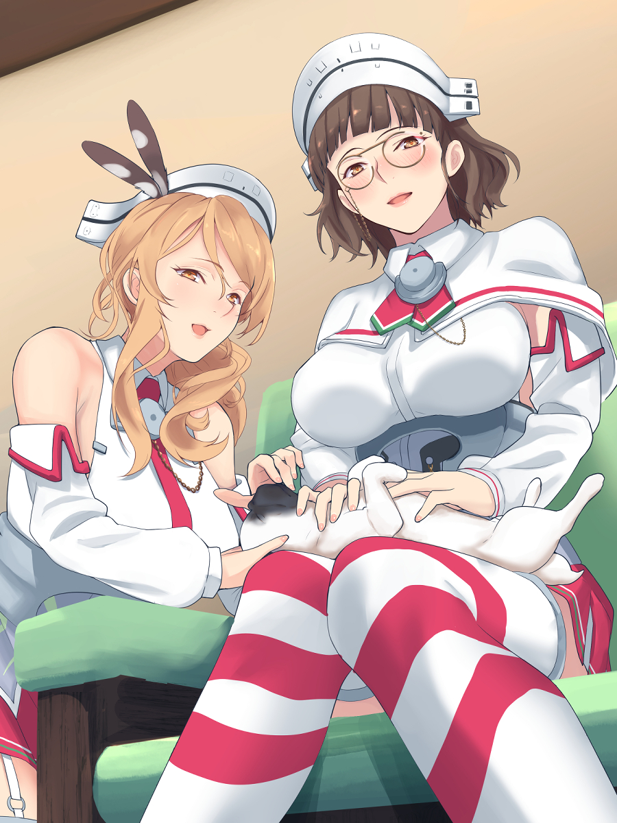 2girls bangs blonde_hair blunt_bangs breasts brown_eyes brown_hair capelet commentary_request commission couch detached_sleeves dog garter_straps glasses headdress highres kantai_collection large_breasts lips littorio_(kantai_collection) long_hair multiple_girls necktie pince-nez pleated_skirt ponytail pug red_skirt roma_(kantai_collection) shingyou_(alexander-13) shirt sitting skirt sleeveless sleeveless_shirt smile thigh-highs wavy_hair