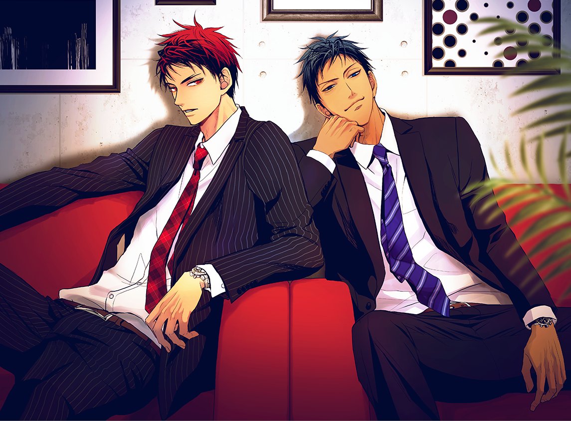 2boys a_jou aomine_daiki argyle_neckwear bangs belt black_jacket black_pants black_suit blue_eyes blue_hair blue_neckwear brown_belt chair closed_mouth collared_shirt cowboy_shot dress_shirt formal head_rest indoors jacket kagami_taiga kuroko_no_basuke long_sleeves looking_at_viewer male_focus multiple_boys necktie pants pinstripe_pattern pinstripe_suit red_eyes red_neckwear redhead shirt short_hair sitting smile striped suit tsurime watch watch white_shirt