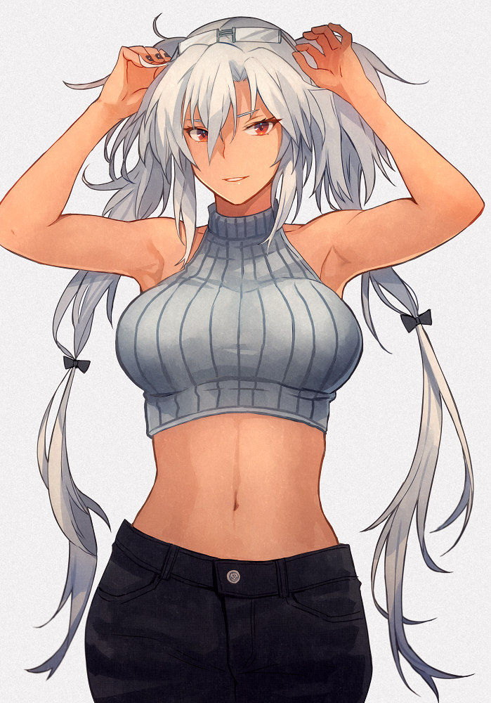 1girl armpits black_pants blush breasts cropped_sweater dark_skin denim eyewear_on_head glasses grey_background grin kantai_collection kasumi_(skchkko) large_breasts long_hair looking_at_viewer midriff musashi_(kantai_collection) navel pants red_eyes simple_background smile solo twintails very_long_hair white_hair