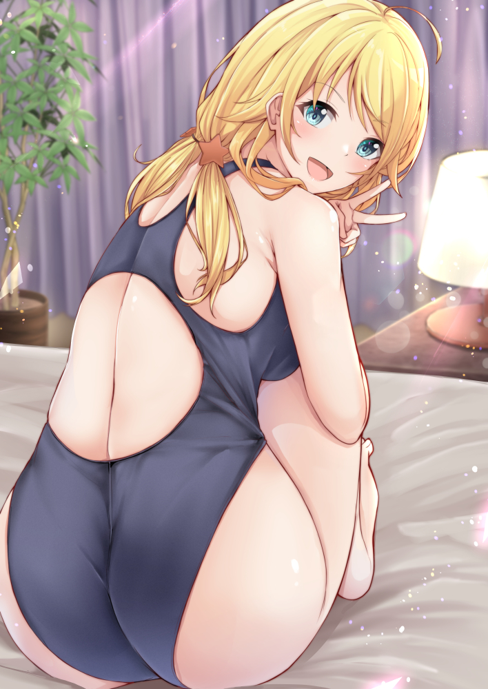 1girl ahoge ass bed black_swimsuit blonde_hair blue_eyes commentary_request competition_swimsuit curtains from_behind hachimiya_meguru idolmaster idolmaster_shiny_colors lamp looking_at_viewer looking_back low_twintails one-piece_swimsuit open_mouth plant potted_plant shohei_(piranha5hk) sitting smile solo swimsuit twintails v