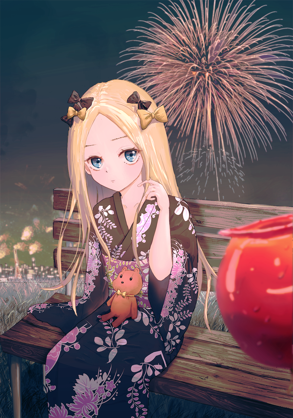 1girl abigail_williams_(fate/grand_order) aergia_c bangs bench black_bow black_kimono blonde_hair blue_eyes blurry_foreground bow candy_apple closed_mouth collarbone fireworks floral_print food hair_bow hair_twirling highres japanese_clothes kimono long_hair looking_at_viewer multiple_hair_bows night outdoors parted_bangs pov print_kimono shiny shiny_hair sitting solo stuffed_animal stuffed_toy teddy_bear very_long_hair yellow_bow yellow_neckwear yukata