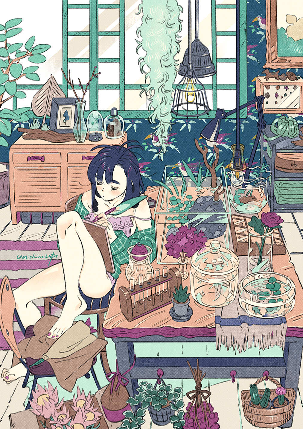 bare_legs barefoot black_hair blush chair drawer flower green_shirt highres holding holding_pen long_hair long_sleeves loungewear original partially_immersed pen picture_(object) picture_frame pink_nails plant potted_plant purple_flower red_flower shirt signature strap_slip table umishima_senbon vase wide_shot window