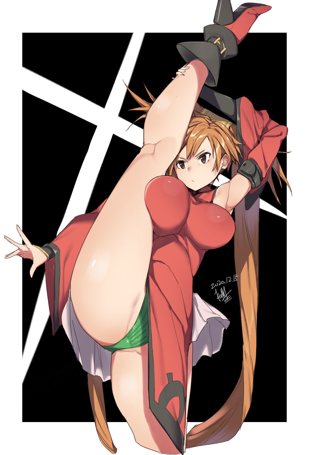 1girl armpits bare_legs black_background boots breasts brown_eyes brown_hair china_dress chinese_clothes closed_mouth commentary cowboy_shot dated detached_sleeves dress expressionless green_panties guilty_gear hair_ring high_heel_boots high_heels highres kneepits kuma_(jk0073) kuradoberi_jam large_breasts long_hair panties pelvic_curtain red_dress red_footwear signature simple_background solo split standing standing_on_one_leg standing_split thick_thighs thighs twintails underwear very_long_hair wide_sleeves