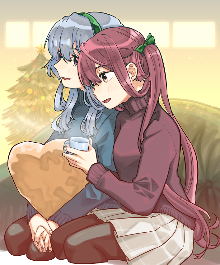 2girls alternate_costume asagumo_(kantai_collection) beige_skirt black_legwear black_sweater braid brown_eyes brown_hair christmas_dress commentary_request cup green_hairband green_sweater grey_eyes hair_ribbon hairband heart heart_pillow kantai_collection long_hair mug multiple_girls pantyhose pillow pleated_skirt ribbon sagamiso sidelocks silver_hair single_braid sitting skirt smile sweater turtleneck twintails wariza wavy_hair yamagumo_(kantai_collection)