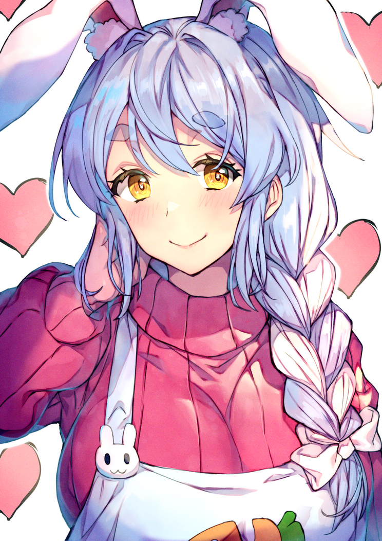 1girl animal_ears apron blue_hair blush bow braid breasts bunny-shaped_pupils closed_mouth eyebrows_visible_through_hair hair_bow heart heart_background hololive large_breasts long_sleeves looking_at_viewer mature multicolored_hair pekomama rabbit_ears red_sweater redcomet simple_background single_braid smile solo sweater thick_eyebrows two-tone_hair upper_body virtual_youtuber white_background white_bow white_hair yellow_eyes