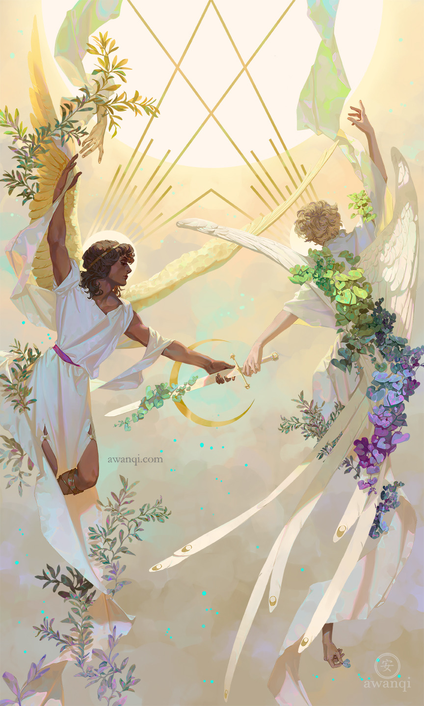 2boys angel angel_wings artist_name awanqi blonde_hair brown_hair dark_skin dark_skinned_male feathered_wings floating highres holding holding_sword holding_weapon leaf multiple_boys original plant profile sword watermark weapon web_address white_wings wings yellow_wings