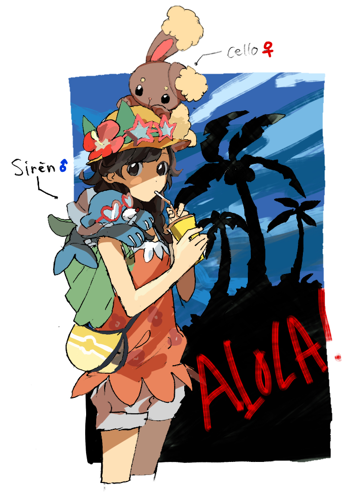 1girl apios1 arrow_(symbol) backpack bad_id bad_pixiv_id bag bangs bare_shoulders black_eyes blue_sky blush blush_stickers border braid buneary character_name clouds cowboy_shot cropped_legs cup day drink drinking drinking_straw eyewear_on_head flat_chest floral_print flower gen_4_pokemon gen_7_pokemon hands_up hat hat_flower heart heart-shaped_eyewear hibiscus holding long_hair looking_at_viewer mars_symbol on_head on_shoulder orange_shirt outdoors outside_border palm_tree poke_ball_theme pokemon pokemon_(creature) pokemon_(game) pokemon_on_head pokemon_on_shoulder pokemon_usum popplio red-framed_eyewear red_flower selene_(pokemon) shirt short_shorts shorts shoulder_bag silhouette sky sleeveless sleeveless_shirt standing star-shaped_eyewear sunglasses swept_bangs tied_hair tree twin_braids venus_symbol white_border white_shorts yellow_headwear